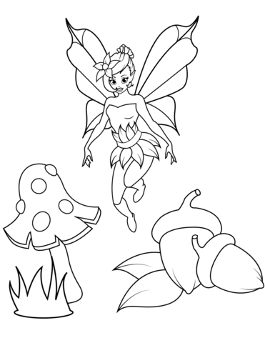 Fairy Flies Over Acorns And Fly Agaric Coloring Page